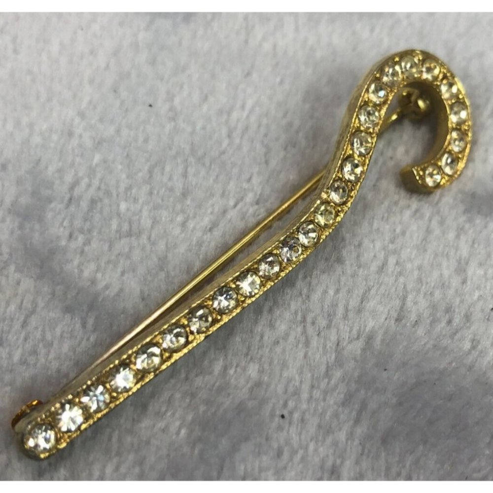 Vintage Signed Ora Shepherds Hook Crystal Gold Tone Brooch Mid Century